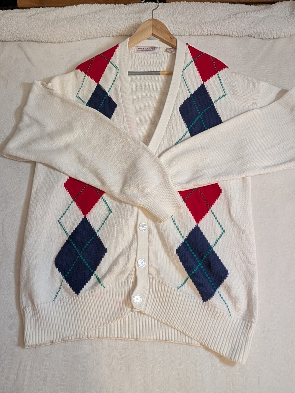 Vtg John Ashford Men's Large Cotton Argyle Knit Cardigan Sweater Red Blue Cream
